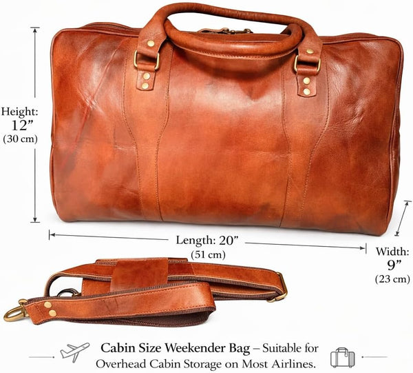 Vintage Style Leather Holdall Travel Bag – 20" Weekender Duffle Bag Designed in UK – Premium Leather Overnight Bag with Detachable Shoulder Strap – Cabin Size Travel Bag for Men & Women