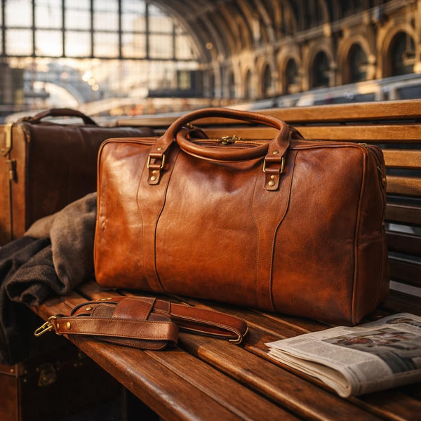 Vintage Style Leather Holdall Travel Bag – 20" Weekender Duffle Bag Designed in UK – Premium Leather Overnight Bag with Detachable Shoulder Strap – Cabin Size Travel Bag for Men & Women