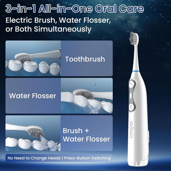 3-in-1 Electric Toothbrush & Water Flosser Combo | Patented Design | 60° Oscillation & Vibration | IPX7 Waterproof | 900mAh 2-Week Battery | Type-C Magnetic Charging | 3 Pressure Modes | 2-Min Timer