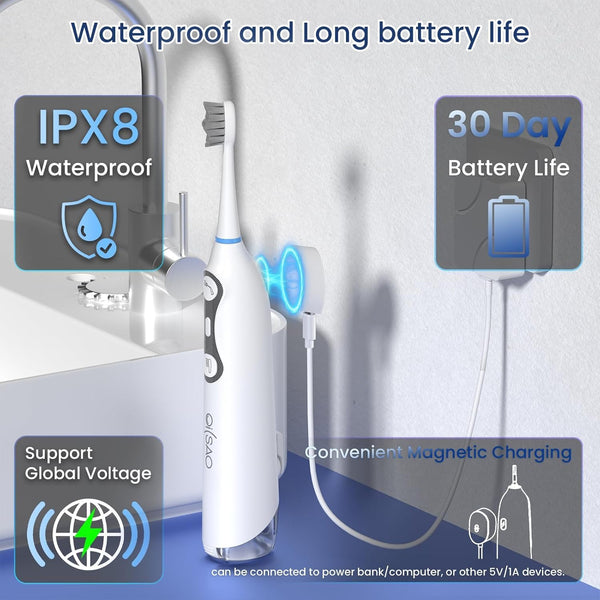 3-in-1 Electric Toothbrush & Water Flosser Combo | Patented Design | 60° Oscillation & Vibration | IPX7 Waterproof | 900mAh 2-Week Battery | Type-C Magnetic Charging | 3 Pressure Modes | 2-Min Timer