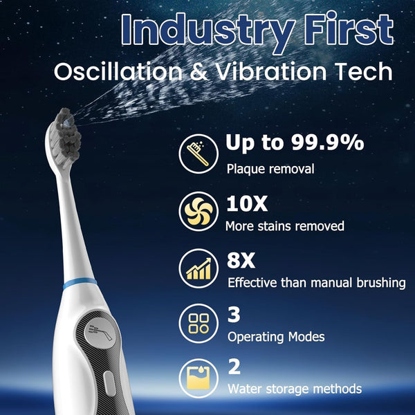 3-in-1 Electric Toothbrush & Water Flosser Combo | Patented Design | 60° Oscillation & Vibration | IPX7 Waterproof | 900mAh 2-Week Battery | Type-C Magnetic Charging | 3 Pressure Modes | 2-Min Timer