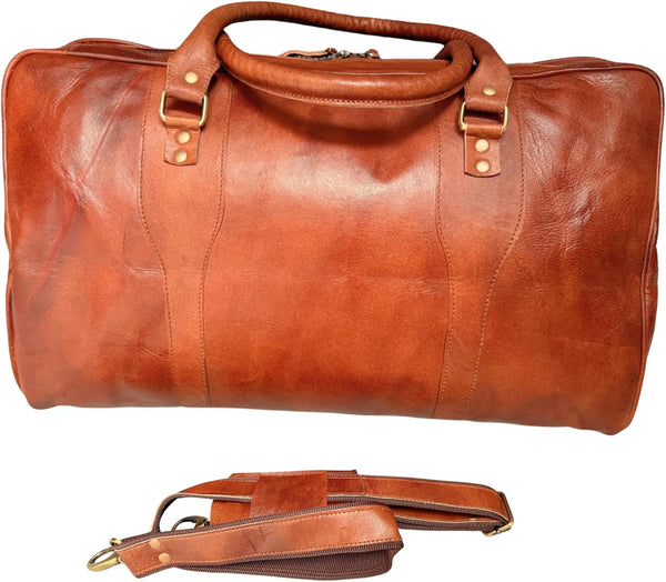 Vintage Style Leather Holdall Travel Bag – 20" Weekender Duffle Bag Designed in UK – Premium Leather Overnight Bag with Detachable Shoulder Strap – Cabin Size Travel Bag for Men & Women
