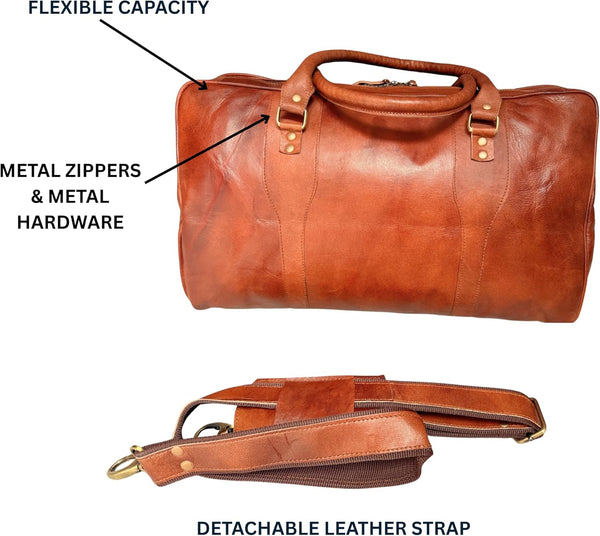 Vintage Style Leather Holdall Travel Bag – 20" Weekender Duffle Bag Designed in UK – Premium Leather Overnight Bag with Detachable Shoulder Strap – Cabin Size Travel Bag for Men & Women