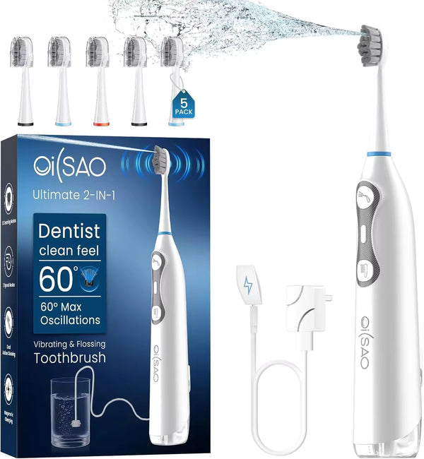 3-in-1 Electric Toothbrush & Water Flosser Combo | Patented Design | 60° Oscillation & Vibration | IPX7 Waterproof | 900mAh 2-Week Battery | Type-C Magnetic Charging | 3 Pressure Modes | 2-Min Timer